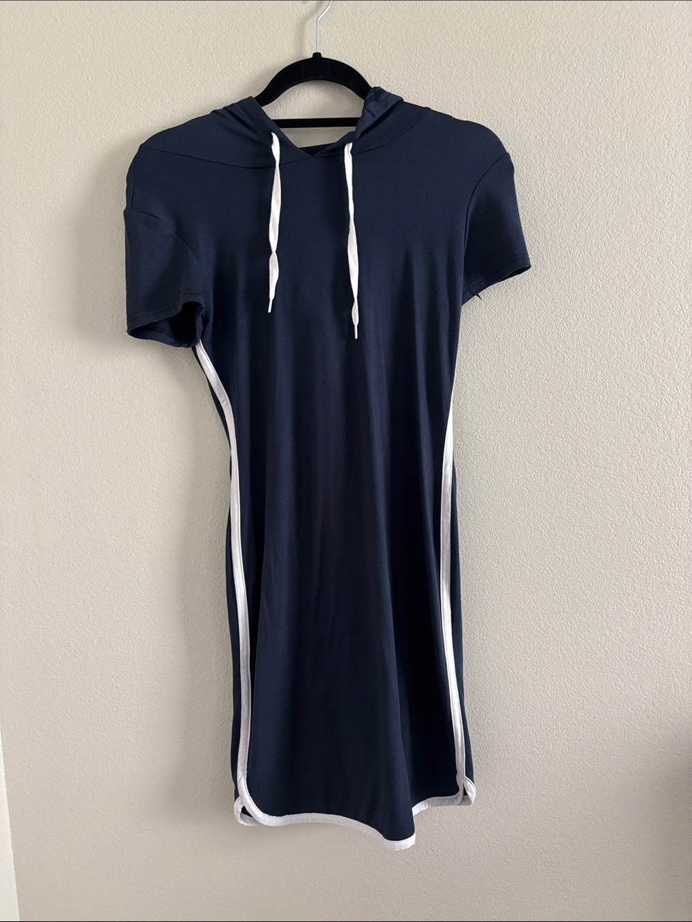 Navy Hooded Short Sleeve Dress with White Drawstring
